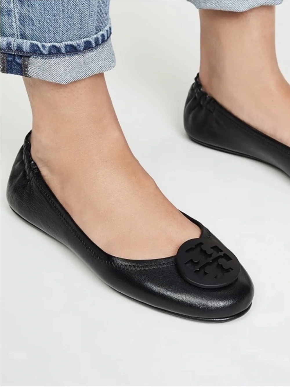 Tory Burch | Minnie Travel Ballet Flats Black Leather Tonal Logo, Size 7.5